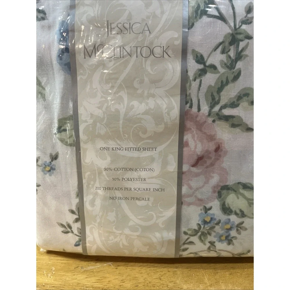 Vtg Jessica McClintock One King Fitted Sheet Cream Pink Floral Cottagecore Roses